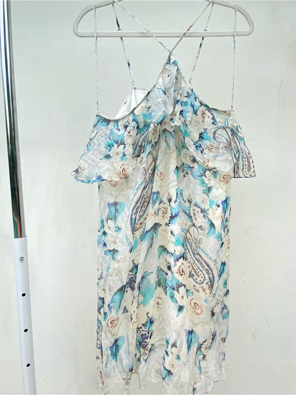 Haute Hippie 100% Silk Blue & Ivory Floral Halter Mini Dress Size Large